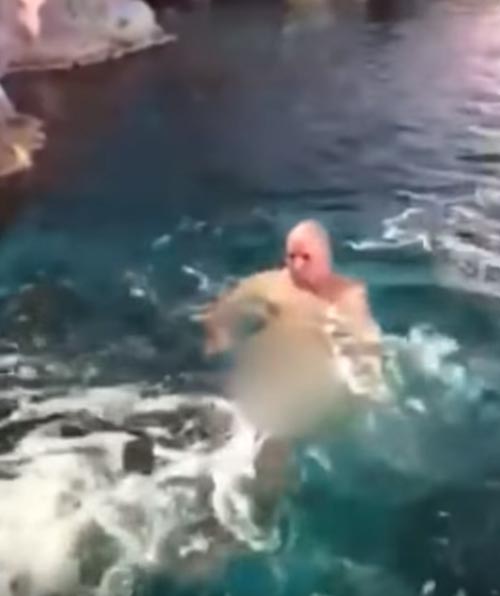 голый мужчина искупался с акулами