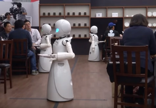 роботы-официанты работают в кафе