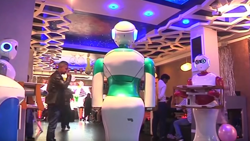 роботы-официанты работают в кафе