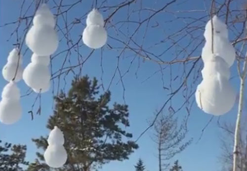 снежные фигурки на деревьях
