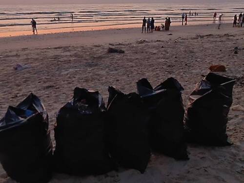 супруги убирают мусор с пляжа