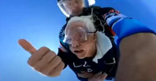 the old woman jumped with a parachute