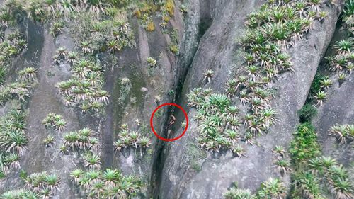 голый мужчина в расщелине скал