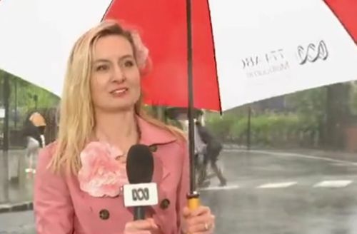 телеведущая с зонтиком под дождём