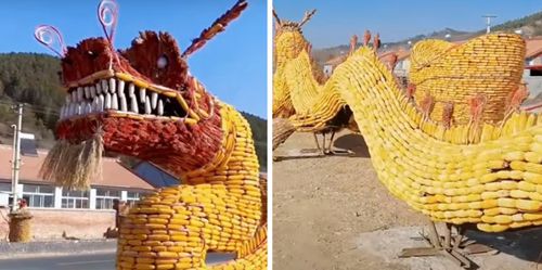 скульптура дракона из кукурузы