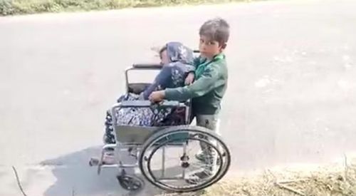 мальчик катил коляску с мамой