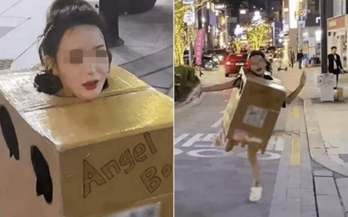 девушка одетая в картонную коробку